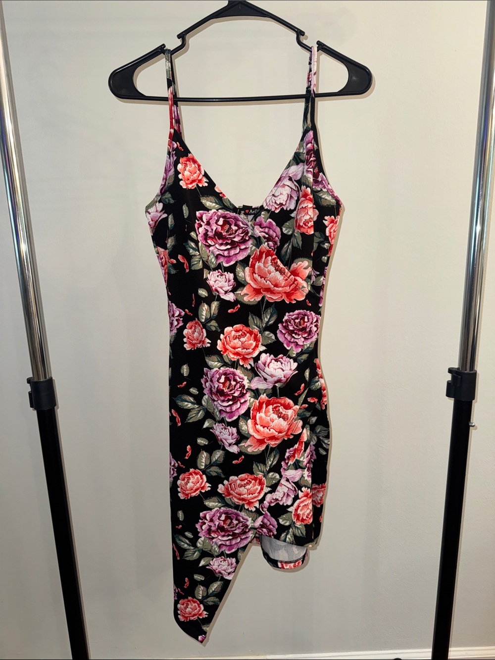 Floral Asymmetrical Slip Dress - Black with Pink & Red Blooms